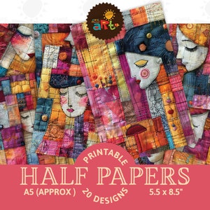 Patchwork luminoso con il volto Junk Journal Mezza pagina stampabile Collage Scrapbook Kit digitale Libro Sfondo Artigianato Carta ATC Decoupage