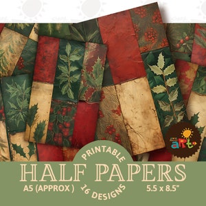 Flore de Noël Collage sur papier décoratif Demi-papiers imprimables pour carnet de bord, Scrapbooking ressource, Page de livre, Loisirs créatifs, Carte, découpage