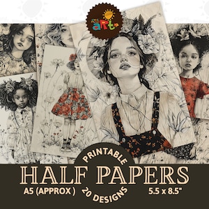 Illustrazione di ragazza con ritratto rosso Junk Journal Mezza pagina stampabile Scrapbook Ephemera Kit digitale Libro Sfondo Artigianato Carta Decoupage