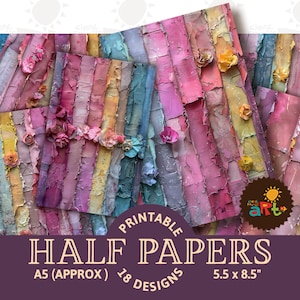 Regenbogen zerrissene Papierstreifen mit Blumen Hübsches Printable Junk Journal Halbes Papier Sammelalbum Digitales Buch Hintergrund Decoupage Handwerk Collage