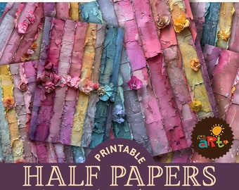 Könnte beinhalten: Eine Sammlung druckbarer Halb-Papiere mit einem strukturierten, farbenfrohen Design. Die Papiere weisen vertikale Streifen in Rosa-, Blau-, Gelb- und Lilatönen auf, die mit floralen Verzierungen verziert sind. Der Text auf dem Bild lautet "PRINTABLE HALF PAPERS A5 (APPROX) 18 DESIGNS 14 x 21.6 cm".