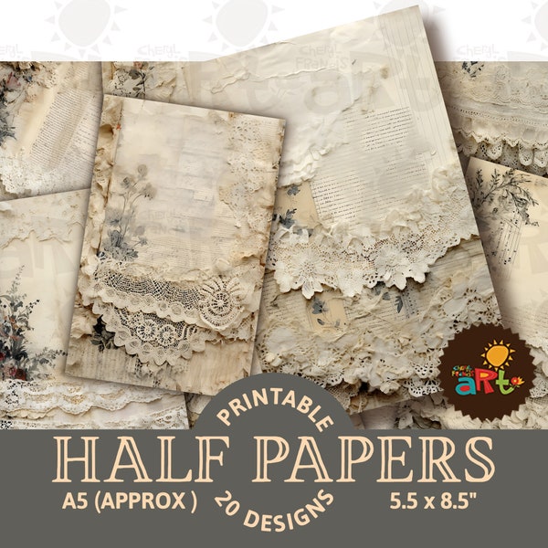 Layered Lace Paper Collage Printable Junk Journal Half Page, Scrapbook, Digital Kit, Card, Book, Textile Background, Craft, ATC, Decoupage