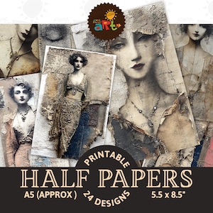 May include: A collection of printable half papers featuring vintage-style portraits and textures. The papers are approximately A5 size (5.5 x 8.5 inches) with 24 designs. The image showcases a collage of the papers, highlighting their aged appearance and artistic aesthetic.
