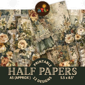 Könnte beinhalten: Eine Sammlung von druckbaren HalbPapieren mit einem Vintage-Blumenmuster. Die Papiere zeigen eine Collage aus Rosen, Spitze und gealterten Texturen in Creme-, Grün- und Brauntönen. Die Papiere sind ca. 14 x 21,6 cm groß und enthalten 12 Designs.