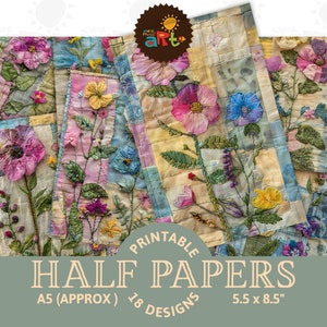 Kit digital de álbum de recortes de papel con diseño de colcha floral bordada de primavera, imprimible, para hacer un diario basura, con fondo de libro, para decoupage y manualidades, con collage