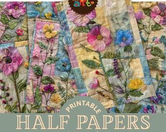 Könnte beinhalten: Druckbare Halbpapiere mit 18 floralen Designs. Die Papiere sind im Format A5 (ca. 5,5 x 8,5 Zoll) und zeigen eine Vielzahl von bunten Blumen und Blättern.
