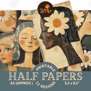 Junk Journal Half Paper Dimensional Girl with Flower Portrait Afdrukbare achtergrond Plakboekvoorraad ambachtelijke kaart Decoupage en boekpagina Digi