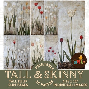 Rustieke tulp bloeit afdrukbare bloemen Tall Slim Junk Journal Papers voor het maken, knutselen en scrapbooken, digitale kit, lentedisplay