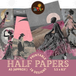 Black Woman and Moon in Surreal Landscape Collage Junk Journal Half Paper Printable Background Scrapbook Craft Card Decoupage Book Page