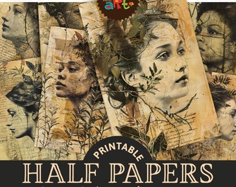 May include: Printable digital paper pack with 12 designs featuring vintage style portraits of women with floral elements. The papers are A5 size (approximately 5.5 x 8.5 inches).
