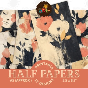 Pinceladas florales con collage de retratos, imprimible, diario basura, media página, álbum de recortes decorativo, tarjeta, libro, página, decoupage, kit de manualidades digitales