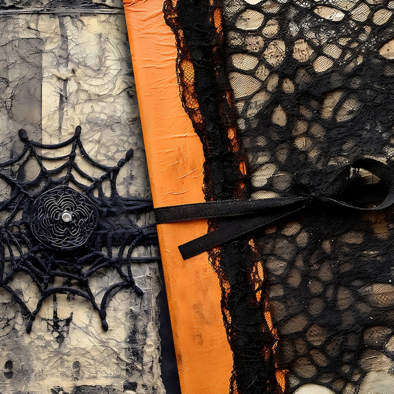 May include: A close-up of a handmade journal with a black lace overlay and a black ribbon tied around it. The journal has a textured, orange cover and a black spiderweb design on the front.