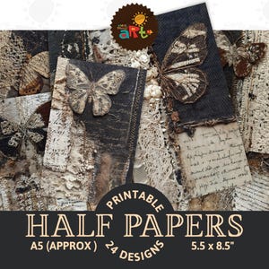 Könnte beinhalten: Eine Sammlung von druckbaren Halb-Papieren mit Vintage-Ästhetik. Die Papiere zeigen Schmetterlings- und Spitzenmuster in Braun-, Beige- und Schwarztönen. Der Text auf den Papieren enthält handschriftliche Schrift und die Worte "Printable Half Papers" und "A5 (Approx) 24 Designs 14 x 21,6 cm".
