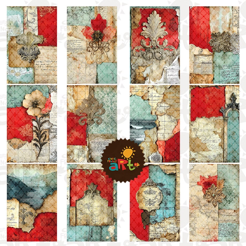 Collage With Red and Teal on Ephemera Junk Journal Half Paper Printable ...