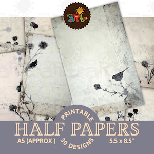 May include: Printable half papers with a distressed, textured design. The papers feature a bird perched on a branch and floral accents in black and gray. The papers are approximately 5.5 x 8.5 inches in size.