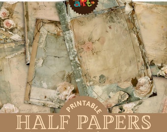 May include: Printable digital paper pack with 20 designs featuring vintage style floral patterns and distressed textures. The papers are approximately A5 size (5.5 x 8.5 inches).