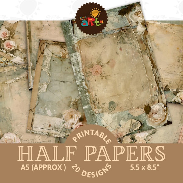 Scrap Paper Frame Junk Journal Half Page Printable Floral Collage Scrapbook Digital Kit Book Background Craft Card ATC Decoupage