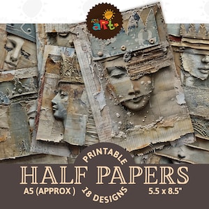 Collage di volti assemblati con corone, stampabile, diario di scarto, mezza carta, album di ritagli, kit digitale, pagina del libro, sfondo, decoupage, artigianato artistico