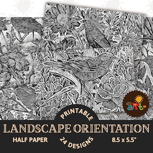 Zwart-witte linosnede vogel in flora afdrukbare ongewenste dagboek horizontale half papier digitale kit voor ambachtelijke boek muur kunst plakboek achtergrond
