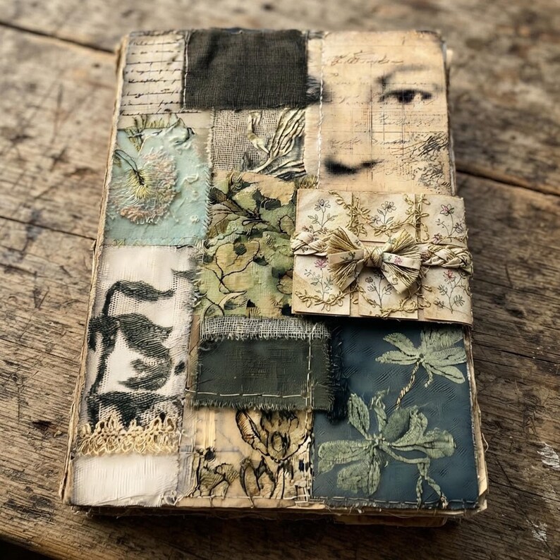 May include: A rectangular journal with a mixed-media fabric collage cover featuring patches of olive green, sage, and floral patterned textiles. The cover includes a central paper envelope detail with a small fabric bow and a faint printed human eye.