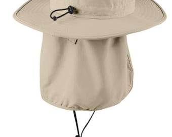 Chapéu de sol de aba larga bordado personalizado: chapéu tipo balde com FPS 30+