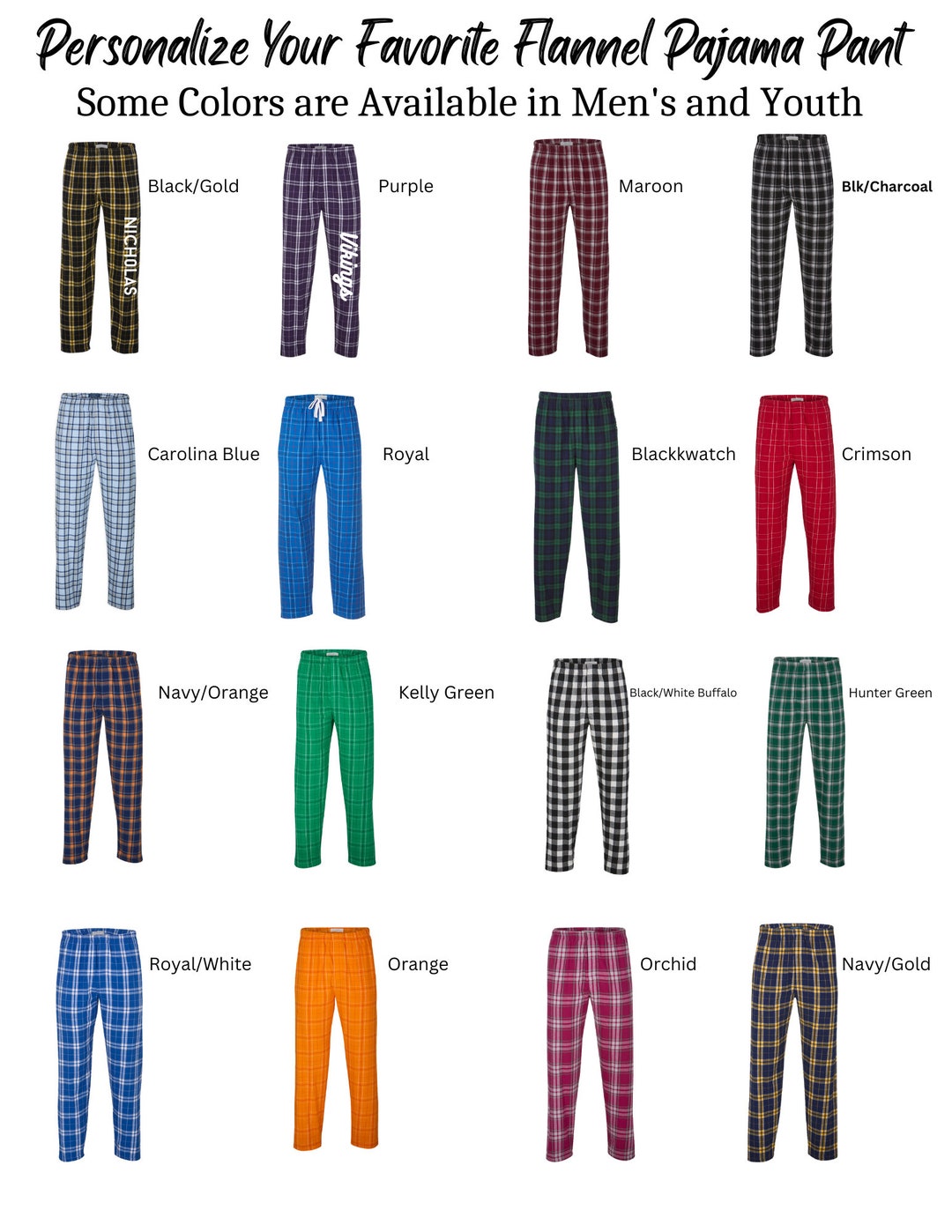 Personalized Plaid Flannel Pajama Pants. Multi-color and Buffalo Plaid ...