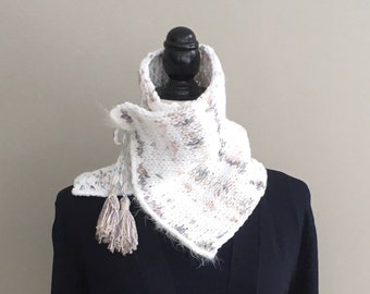 Hand knitted white fair isle soft cowl with tassels, pastel cowl, whimsical white cowl, cowl with tassels, unique pastel cowl, Summer cowl