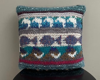 Hand knitted cushion, wool and mohair cushion, fair isle knitted cushion,  blue and green wool cushion, ooak knitted cushion