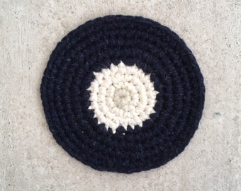 Crocheted trivet, wool and cotton trivet, navy blue and white trivet, nautical theme trivet, handmade trivet, local wool trivet