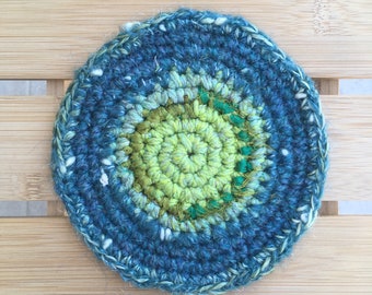 ecofriendly trivet Crocheted wool teal trivet local wool trivet handmade trivet made in Montreal