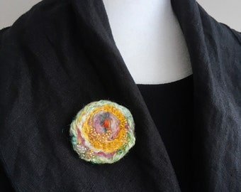 Round beaded needle felted wool green yellow brooch, OOAK brooch, Whimsical brooch, stylised rose brooch, fresh colored brooch, flower jewel