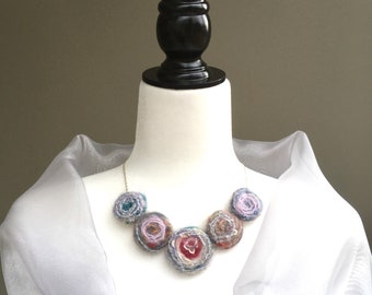 Polar Circles Necklace, needle felted wool necklace, fiber art necklace, pastel color necklace, bib necklace, rosette necklace