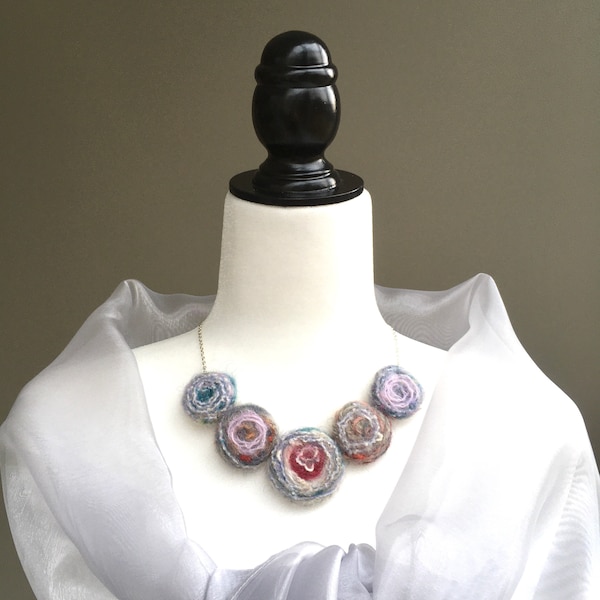 Polar Circles Necklace, needle felted wool necklace, fiber art necklace, pastel color necklace, bib necklace, rosette necklace