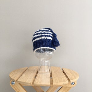 Newborn baby beanie, hand knitted striped cotton and wool blue baby hat, nautical baby hat, gender neutral baby gift, newborn gift image 3