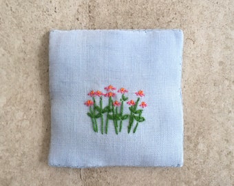 Hand embroidered lavender sachet, linen lavender sachet, embroidered echinacea, gift for her, reused linen lavender sachet