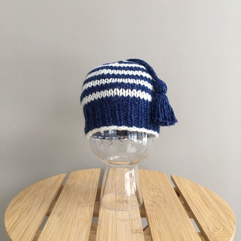 Newborn baby beanie, hand knitted striped cotton and wool blue baby hat, nautical baby hat, gender neutral baby gift, newborn gift image 8