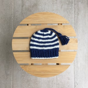 Newborn baby beanie, hand knitted striped cotton and wool blue baby hat, nautical baby hat, gender neutral baby gift, newborn gift image 7