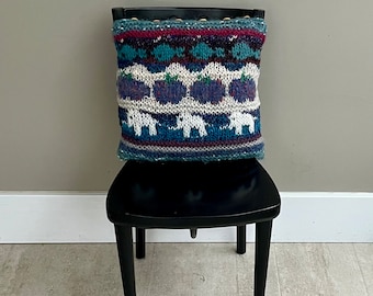 Hand knitted cushion, wool and mohair cushion, fair isle knitted cushion,  blue and green wool cushion, ooak knitted cushion