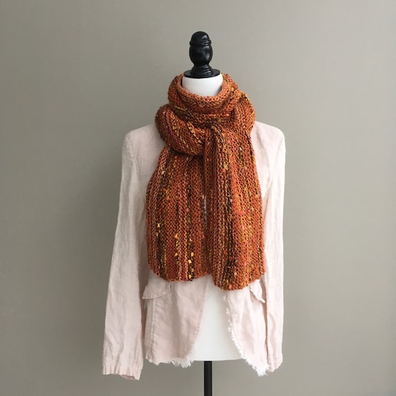 Long hand knit wool free copper scarf, art yarn scarf, mixed fibers scarf, soft fibers scarf, winter scarf, all seasons scarf, non scratchy