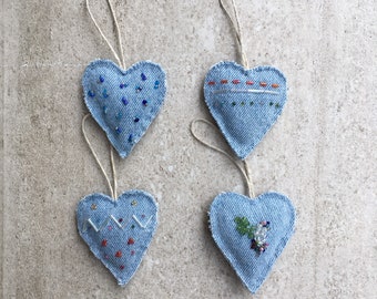 Christmas ornament, Recycled jeans fabric heart ornament, recycled fabric, reused jeans fabric , Ecofriendly ornament, valentine gift