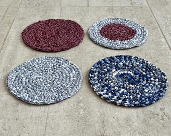 Crocheted reused fabric trivet, Ecofriendly trivet, rustic look trivet, handmade trivet, crocheted trivet, zero waste trivet, blue trivet