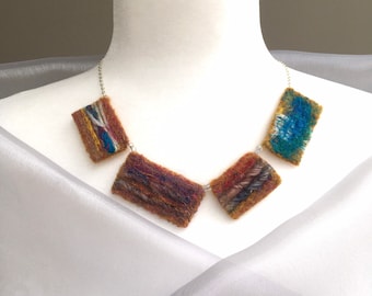 Needle felted ocher wool geometric necklace, fiber art necklace, statement necklace, unique handmade necklace, Ooak necklace