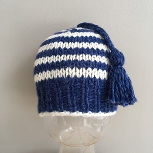 Newborn baby beanie, hand knitted striped cotton and wool blue baby hat, nautical baby hat, gender neutral baby gift, newborn gift image 2