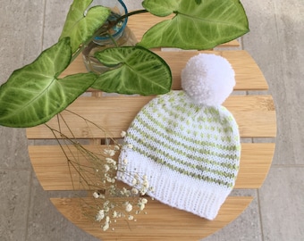 NEWBORN baby hat, hand knitted soft acrylic baby yarn white and green baby beanie, spring baby hat, baby gift, baby shower gift