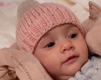 LE PETIT | 0-3 months baby hat, hand knitted fair isle merino baby hat, girlie baby hat, soft  baby beanie, big pompom baby girl beanie