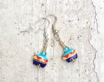 Glass beads earrings, stone beads, ethnic style earrings, ethnic stone beads earrings, bright color earrings, Mexican style earrings