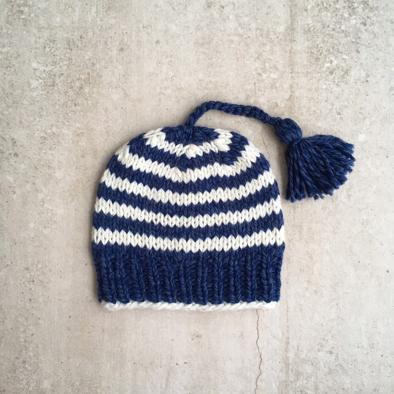 Newborn baby beanie, hand knitted striped cotton and wool blue baby hat, nautical baby hat, gender neutral baby gift, newborn gift image 1