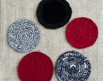 Crocheted reused fabric Small trivet/ coaster, Ecofriendly trivet, rustic look trivet, handmade trivet, red trivet, crocheted trivet