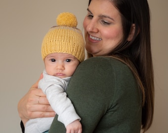 LE PETIT | 0-1 month baby hat, hand knitted yellow merino pompom baby hat, gender neutral baby beanie, soft wool baby toque, ooak baby hat