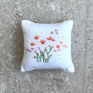 Flowers Embroidered pin cushion, pink flowers pin cushion, handmade pin cushion, square pin cushion, pin accessory, sewing room decor